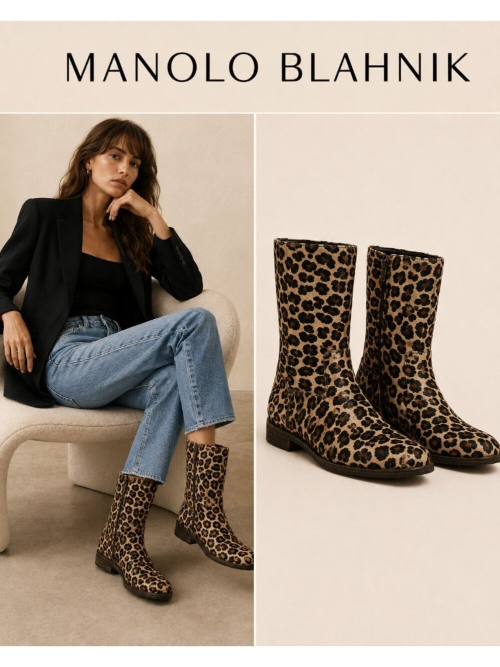 Manolo Blahnik Leopard Calf Hair Mid-Calf Boots EU 39/US8.5 Vibram Sole